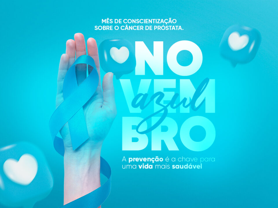 Banner sobre Novembro Azul, com uma mão segurando a fita azul.