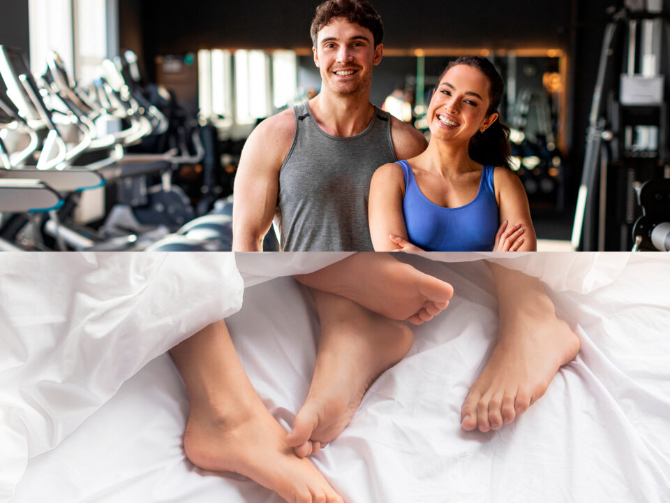 A imagem está dividida no meio, na horizontal. Na parte de cima tem um casal na academia e na parte de baixo, dois pares de pés entrelaçados na cama