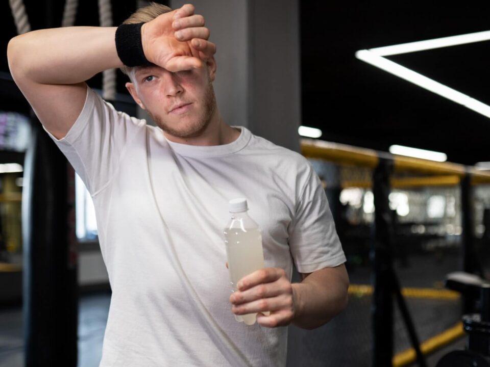 homem demonstrando estar cansado na academia pós-treino com uma garrafa de agua em mãos